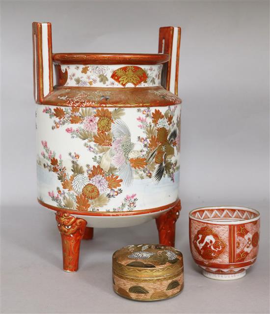 A Satsuma pot and cover, an Imari pot and an Imari censor